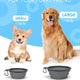 Size comparison chart for small and large dogs showing 15 oz 2 cup and 37 oz 5 cup collapsible travel bowls