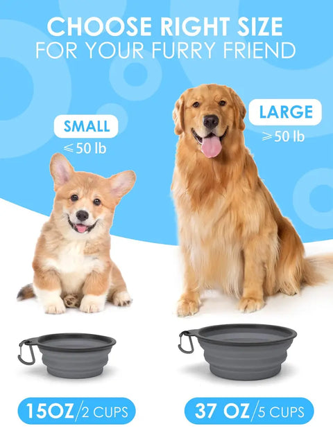 Size comparison chart for small and large dogs showing 15 oz 2 cup and 37 oz 5 cup collapsible travel bowls