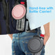 Hands-free water bottle carrier attachment clipped to backpack and jeans belt loop using collapsible dog bowl ring