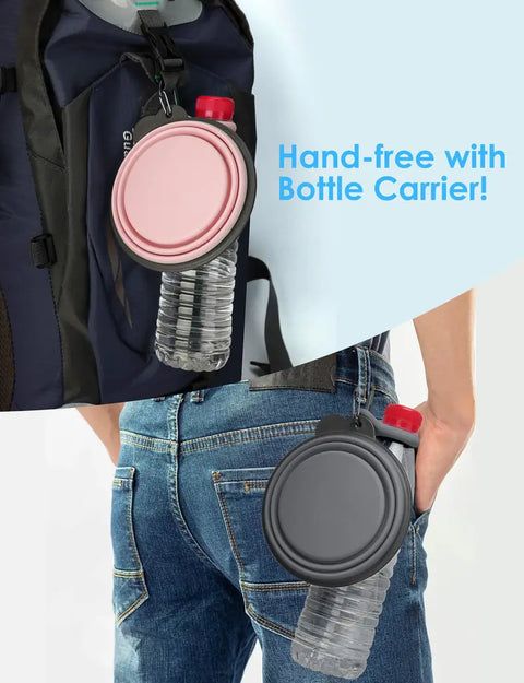 Hands-free water bottle carrier attachment clipped to backpack and jeans belt loop using collapsible dog bowl ring