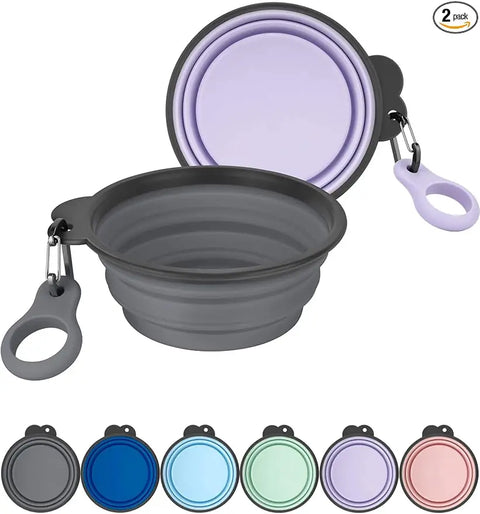 2-pack portable collapsible silicone pet travel bowls in gray and light violet color options