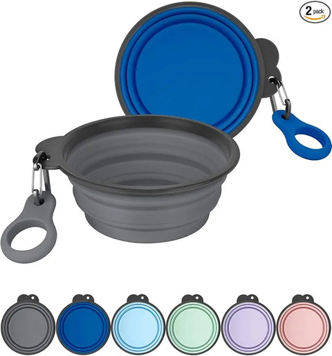 Set of 2 portable travel silicone dog bowls featuring gray expanded and navy blue collapsed options