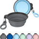 Set of 2 expandable silicone travel dog bowls in gray and sky blue with clip attachments