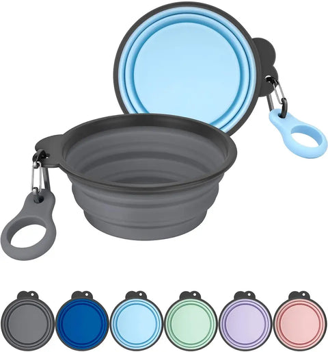 Set of 2 expandable silicone travel dog bowls in gray and sky blue with clip attachments