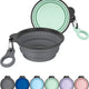 Pair of expandable silicone pet food water bowls in gray and sprout green with attachment clips