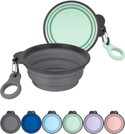 Pair of expandable silicone pet food water bowls in gray and sprout green with attachment clips