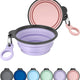Expanded light violet and collapsed pink silicone travel bowls 2-pack with carabiners for dogs
