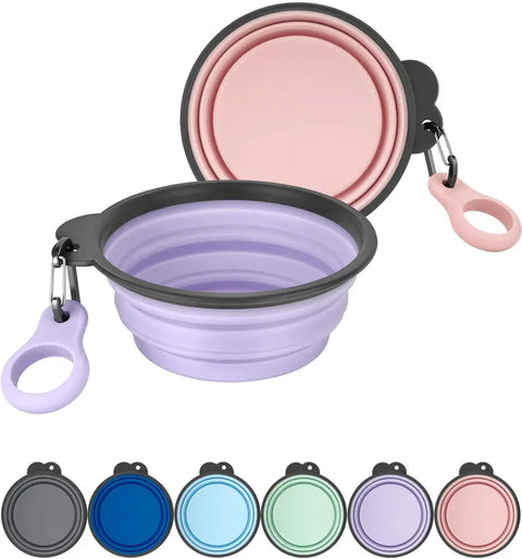 Expanded light violet and collapsed pink silicone travel bowls 2-pack with carabiners for dogs