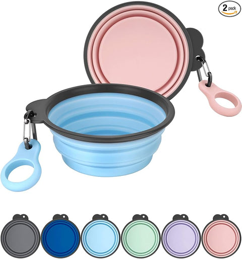 Portable collapsible silicone travel dog bowls 2-pack featuring expanded sky blue bowl and collapsed pink bowl with carabiners