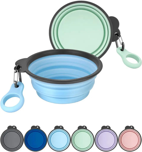 Travel collapsible silicone pet food and water bowls 2-pack in sky blue and sprout green