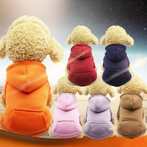 Collection of dog hoodies in various colors with plain background.