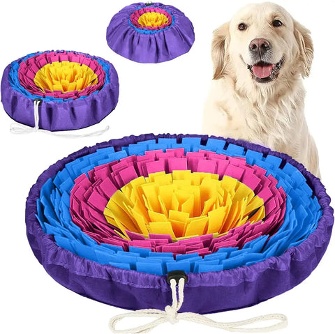 Multicolored purple, pink, and yellow layered fleece dog snuffle mat shown flat and pulled into a bowl shape next to a dog.