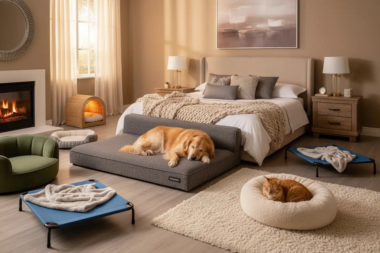 Comfortable pet beds collection - orthopedic dog bed, plush cat bed and pet houses