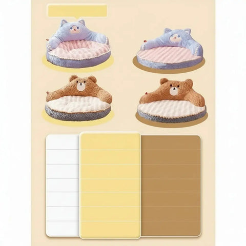 Comparison of two pet beds with cartoon animals on beige background.