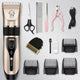 Complete pet grooming kit including electric hair trimmer, scissors, metal comb, nail file, and clippers.