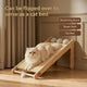 Fluffy cat resting on the cat scratching board flipped horizontally to serve as an ergonomic, inclined wooden cat lounge bed.