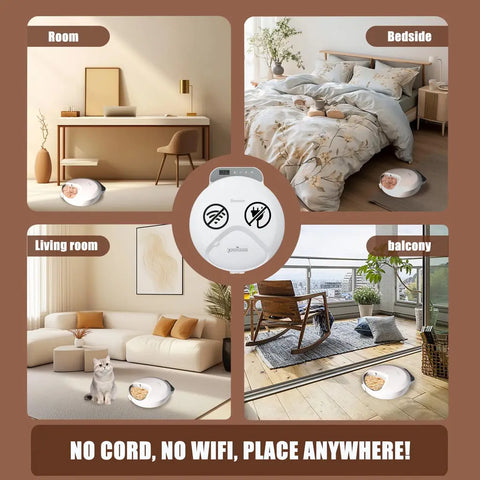 Cordless and battery operated pet feeder placed in living room, bedroom, and balcony
