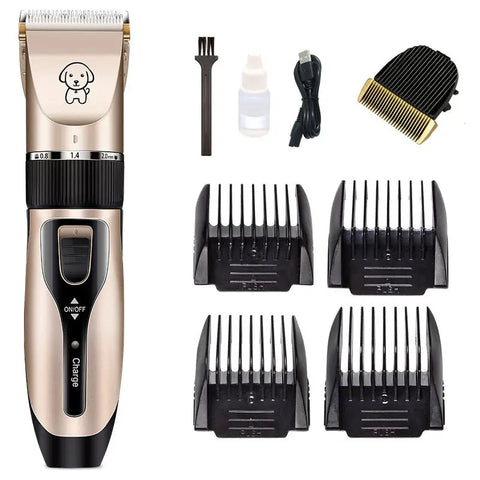 Professional cordless dog hair clipper set with four guard combs, oil, and charging cable.