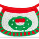 Crocheted dog muzzle with green and red design on a white background
