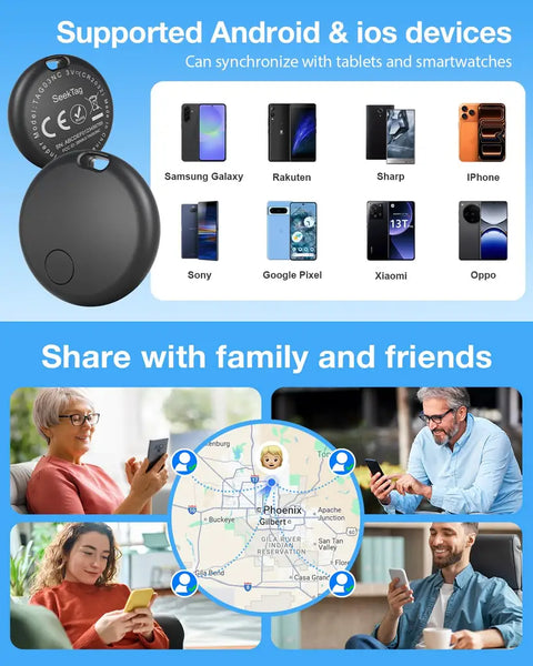SeekTag compatibility list featuring Samsung, Pixel, and iPhone, with a "share with family" map interface.