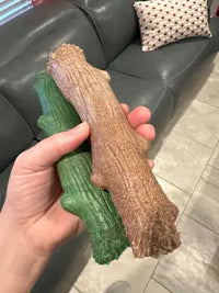 A customer holding two large dog chew sticks in mint green and natural wood brown to show texture and size.