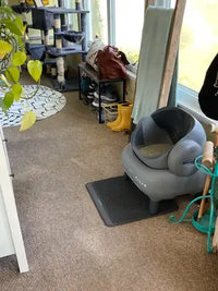 A grey Neakasa M1 automatic self-cleaning cat litter box placed on a matching tracking mat in a bright living room next to a cat tree.