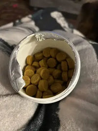 Customer verification photo showing an open container of dog probiotic chews resting on a blanket, with the protective foil seal partially peeled back to show the product inside.