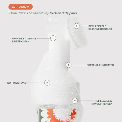 Diagram of the Dandylion Clean Paws bottle highlighting features like replaceable silicone bristles, no-rinse foam, and refillable design.