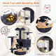 Product feature infographic highlighting the interactive ringing and swinging dangling plush balls on a Deep blue cat condo tower.