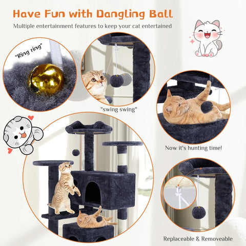 Product feature infographic highlighting the interactive ringing and swinging dangling plush balls on a Deep blue cat condo tower.