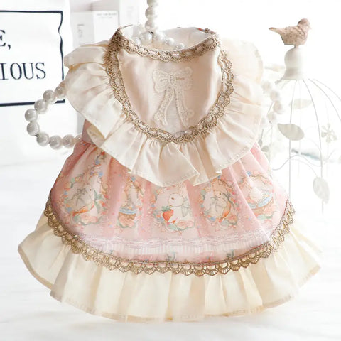Delicate dress with lace collar and floral patterns on white background.
