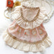 Delicate lace pet dress with floral patterns on white background.