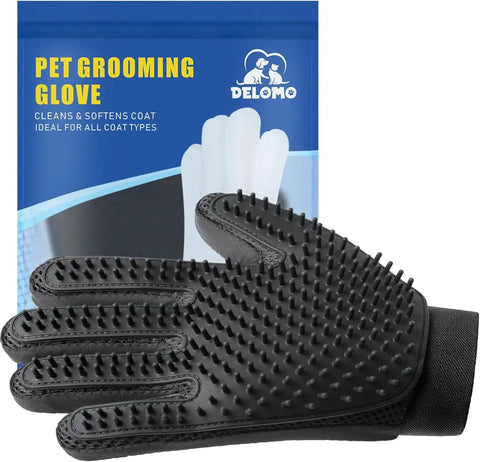 Delomo black pet grooming glove and packaging for de-shedding all coat types