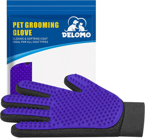 Delomo purple pet grooming glove with packaging for dog and cat shedding