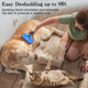 A child grooming a Golden Retriever and a cat, showing a large container filled with 95% of removed loose fur.