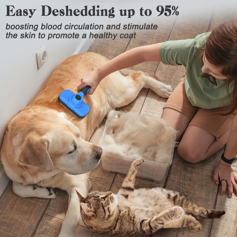 A child grooming a Golden Retriever and a cat, showing a large container filled with 95% of removed loose fur.