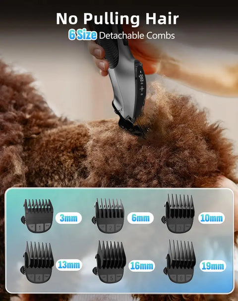Six sizes of detachable dog clipper guide combs (3mm, 6mm, 10mm, 13mm, 16mm, and 19mm) for pulling-free grooming.