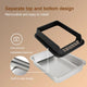 Exploded view diagram of a two piece stainless steel litter box showing the removable black top fence and built in snap design.