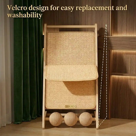 Demonstration of the Luxe Pets cat scratching board showing the removable Velcro design for easy mat replacement and washability.