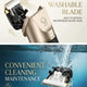 Infographic demonstrating the detachable and washable blade head of a champagne gold cordless pet grooming clipper under running water.

