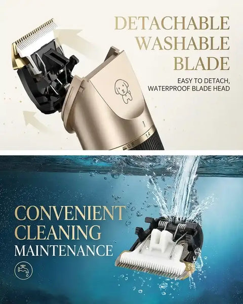 Infographic demonstrating the detachable and washable blade head of a champagne gold cordless pet grooming clipper under running water.

