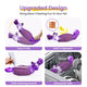 Feature summary showing the dog toy's easy-grip design, squeaker, teeth cleaning grooves, and dishwasher-safe material.