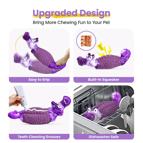 Feature summary showing the dog toy's easy-grip design, squeaker, teeth cleaning grooves, and dishwasher-safe material.