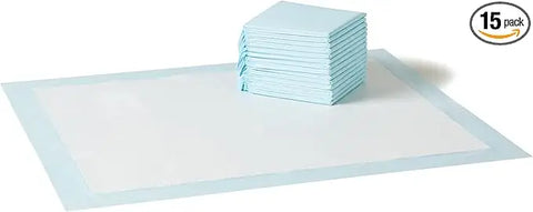15 pack bundle of blue disposable puppy training pee pads with one open pad laid flat