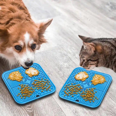 A dog and a cat eating peanut butter and kibble from two blue textured silicone lick mats on a wooden floor.