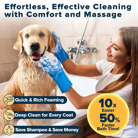 Golden Retriever being bathed with blue silicone scrubbing gloves showing rich foaming and deep cleaning action.