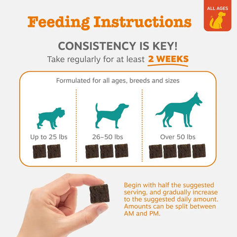 A clear dosage guide and feeding instructions chart for Zesty Paws Calming Squares based on dog weight categories: up to 25 lbs, 26 to 50 lbs, and over 50 lbs.