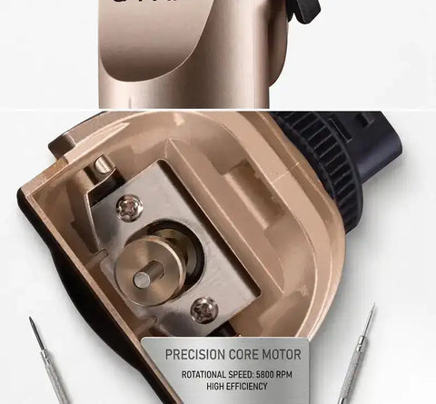 Close-up of pet grooming clipper blade attachment and internal motor drive shaft.