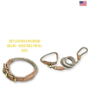 Dog collar and leash set with soft leather and nylon material on a white background