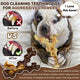 Before and after dental care comparison showing tartar removal on a bulldog chewing a peanut butter-filled toy.